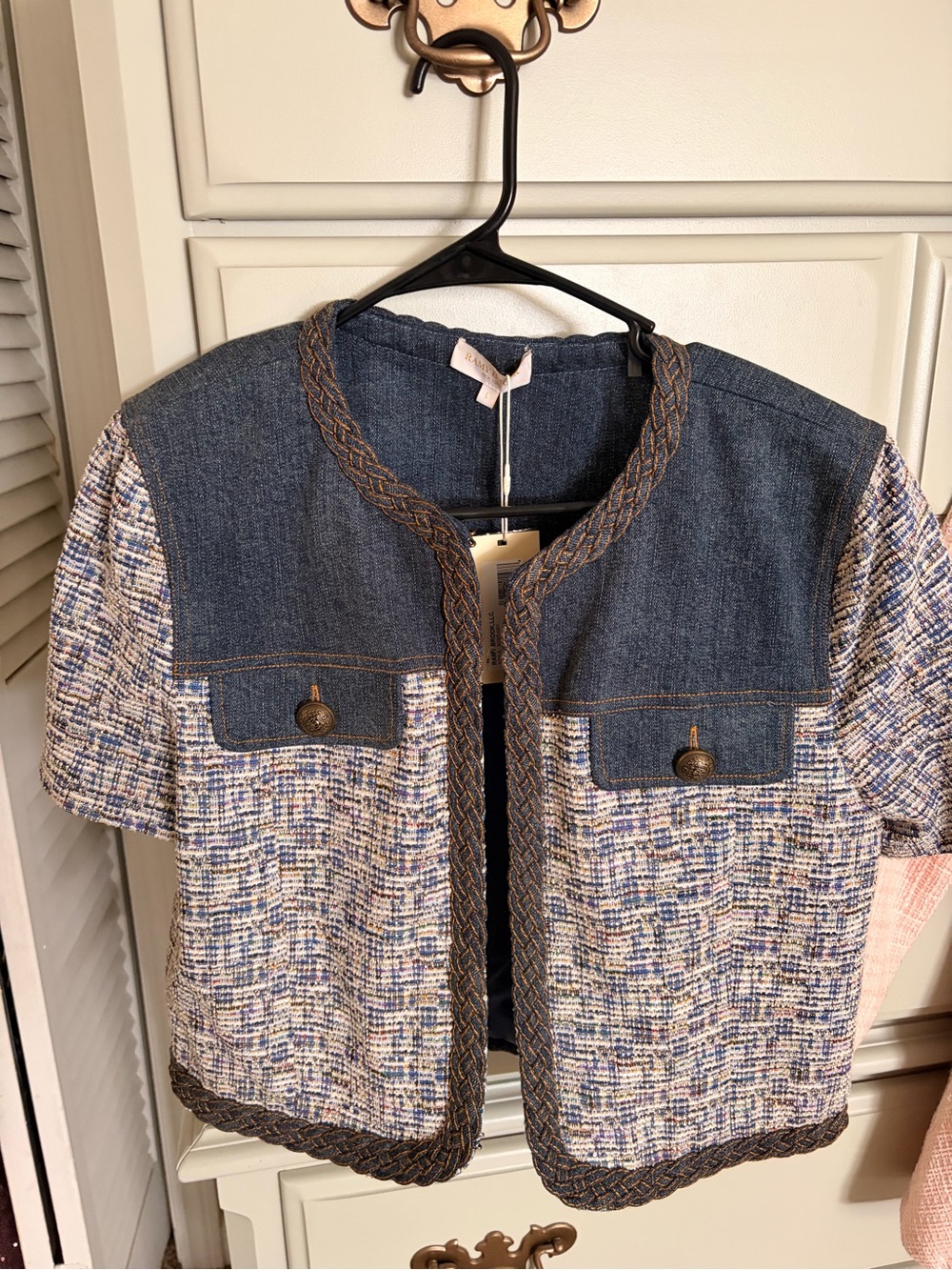 Ramy Brook Blue Tweed & Denim Short-Sleeve Jacket